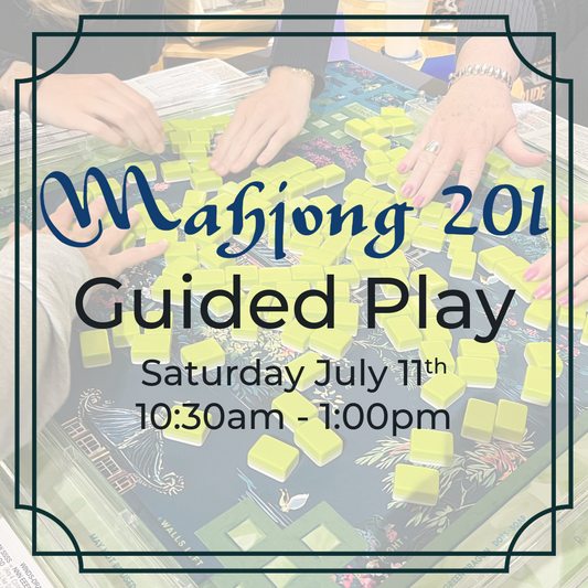 Advertisement for Mahjong 201 guided play event with hands playing Mahjong tiles.