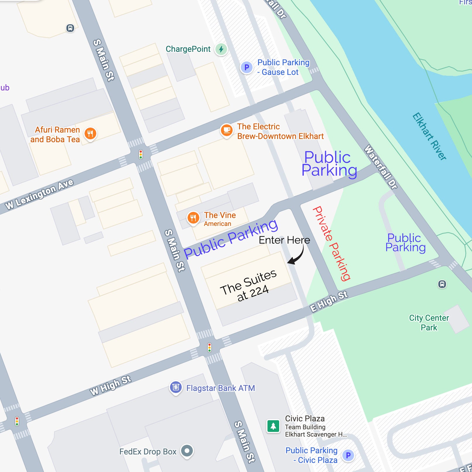 Map of a city street with parking information and nearby businesses.